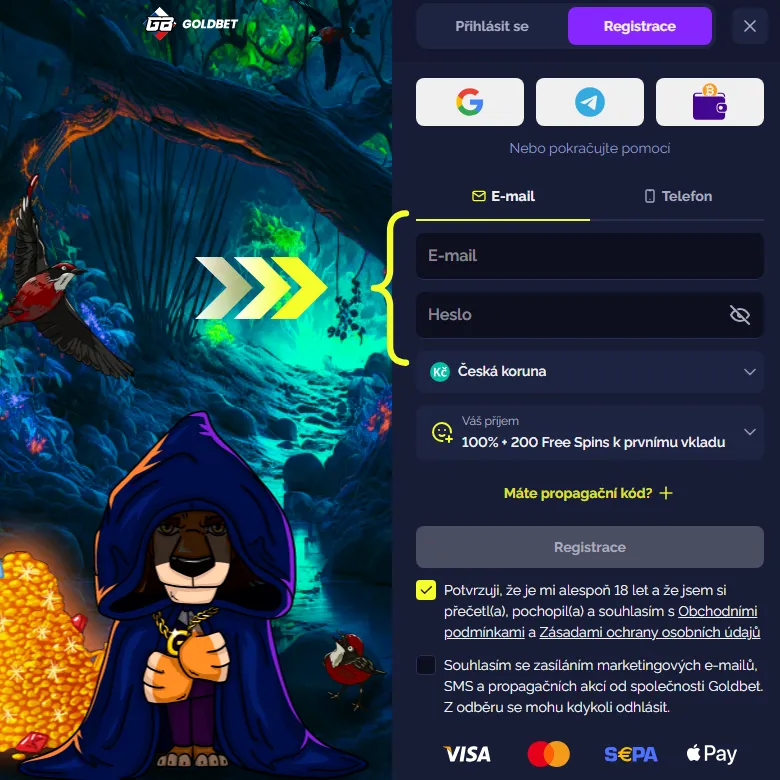 Registrace v Goldbet Casino